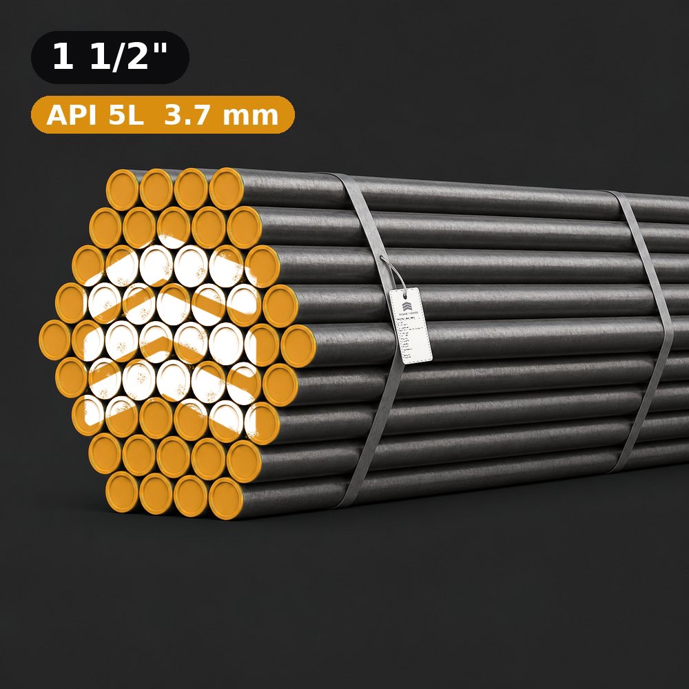 باندل لوله API 5L سپاهان سایز 1/2 1 اینچ ضخامت 3.7 میلیمتر با درپوش زرد و لوگوی آهن تودی، بستهشده با تسمه و بندلتگ