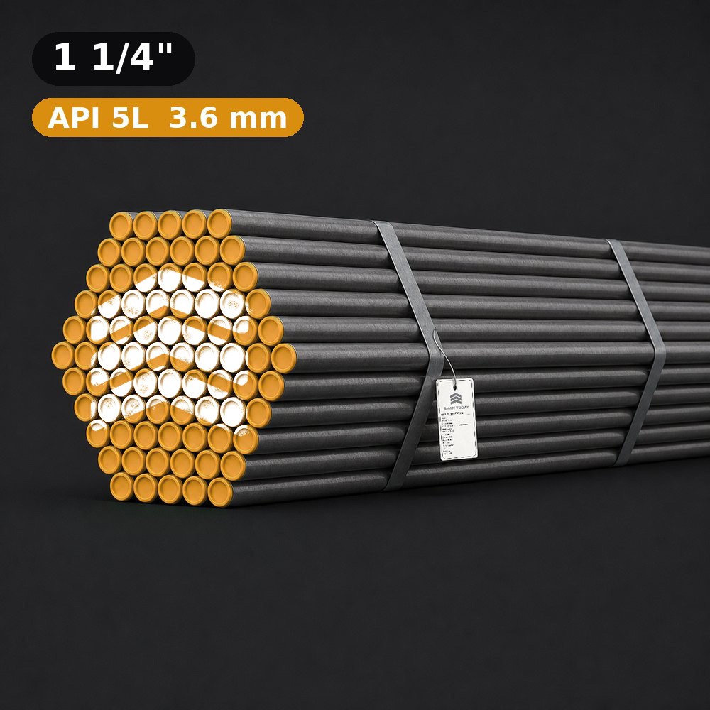 باندل لوله API 5L سپاهان سایز 1/4 1 اینچ ضخامت 3.6 میلیمتر با درپوش زرد و لوگوی آهن تودی، بستهشده با تسمه و بندلتگ