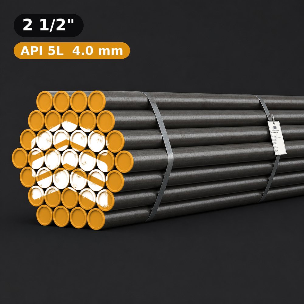 باندل لوله API 5L سپاهان سایز 1/2 2 اینچ ضخامت 4 میلیمتر با درپوش زرد و لوگوی آهن تودی، بستهشده با تسمه و بندلتگ