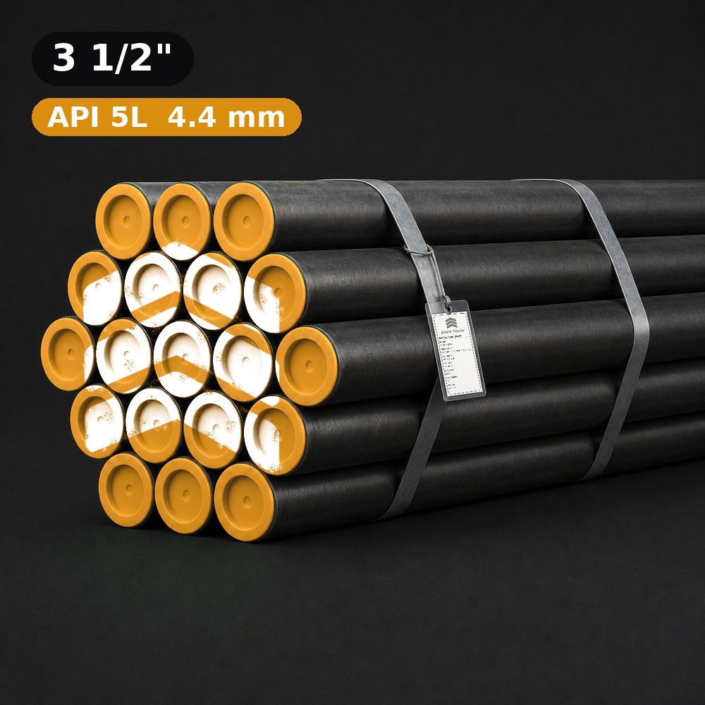 باندل لوله API 5L سپاهان سایز 1/2 3 اینچ ضخامت 4.4 میلیمتر با درپوش زرد و لوگوی آهن تودی، بستهشده با تسمه و بندلتگ