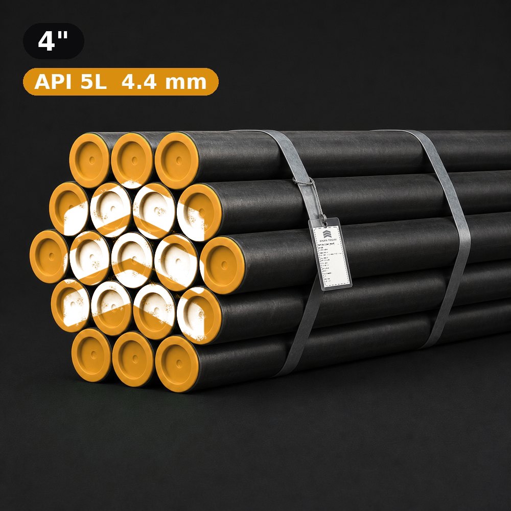 باندل لوله API 5L سپاهان سایز 4 اینچ ضخامت 4.4 میلیمتر با درپوش زرد و لوگوی آهن تودی، بستهشده با تسمه و بندلتگ