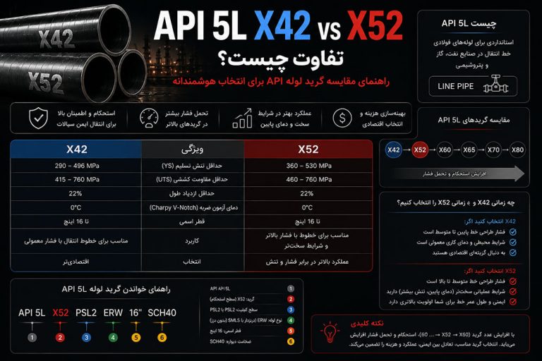 تفاوت API 5L X42 و X52 چیست؟ راهنمای مقایسه گرید لوله API