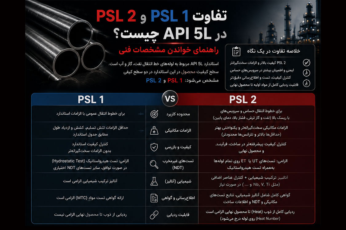 تفاوت‌های PSL 1 و PSL 2 را با بخش‌های مقایسه، نمونه خواندن مشخصات فنی و راهنمای انتخاب در یک صفحه جمع‌بندی کرده