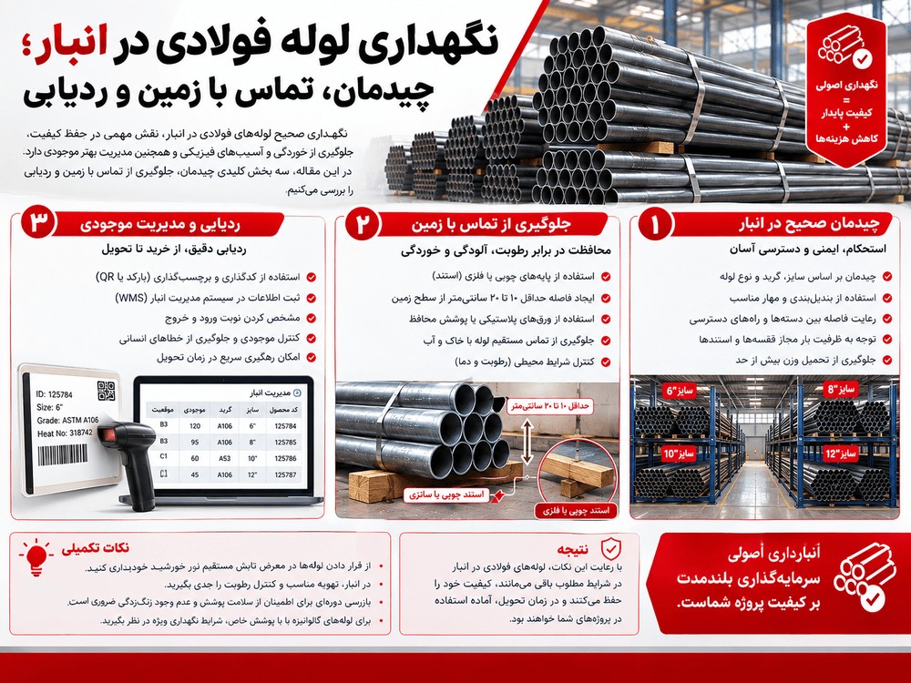 نگهداری لوله فولادی در انبار؛ چیدمان، تماس با زمین و ردیابی