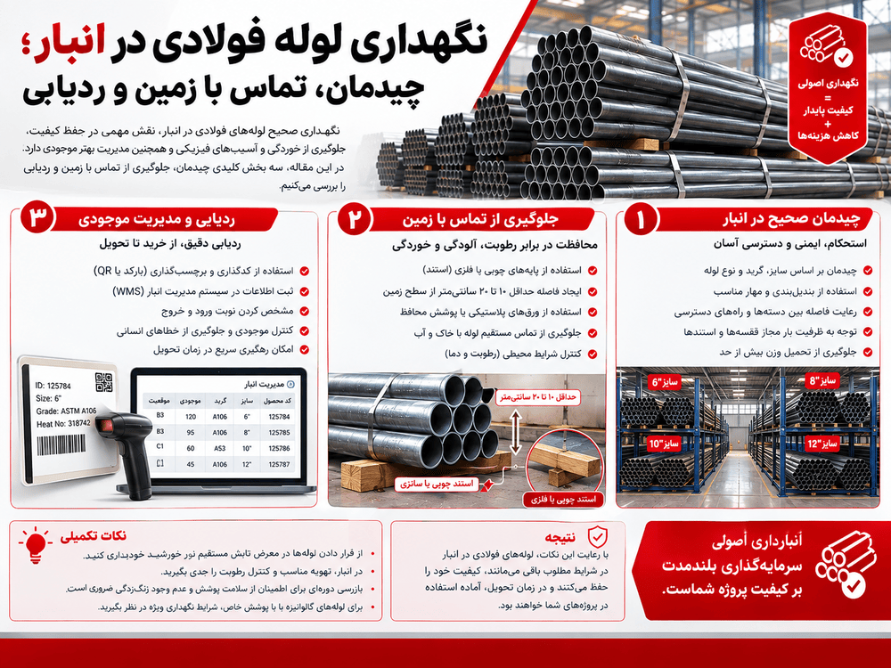 نگهداری لوله فولادی در انبار؛ چیدمان، تماس با زمین و ردیابی