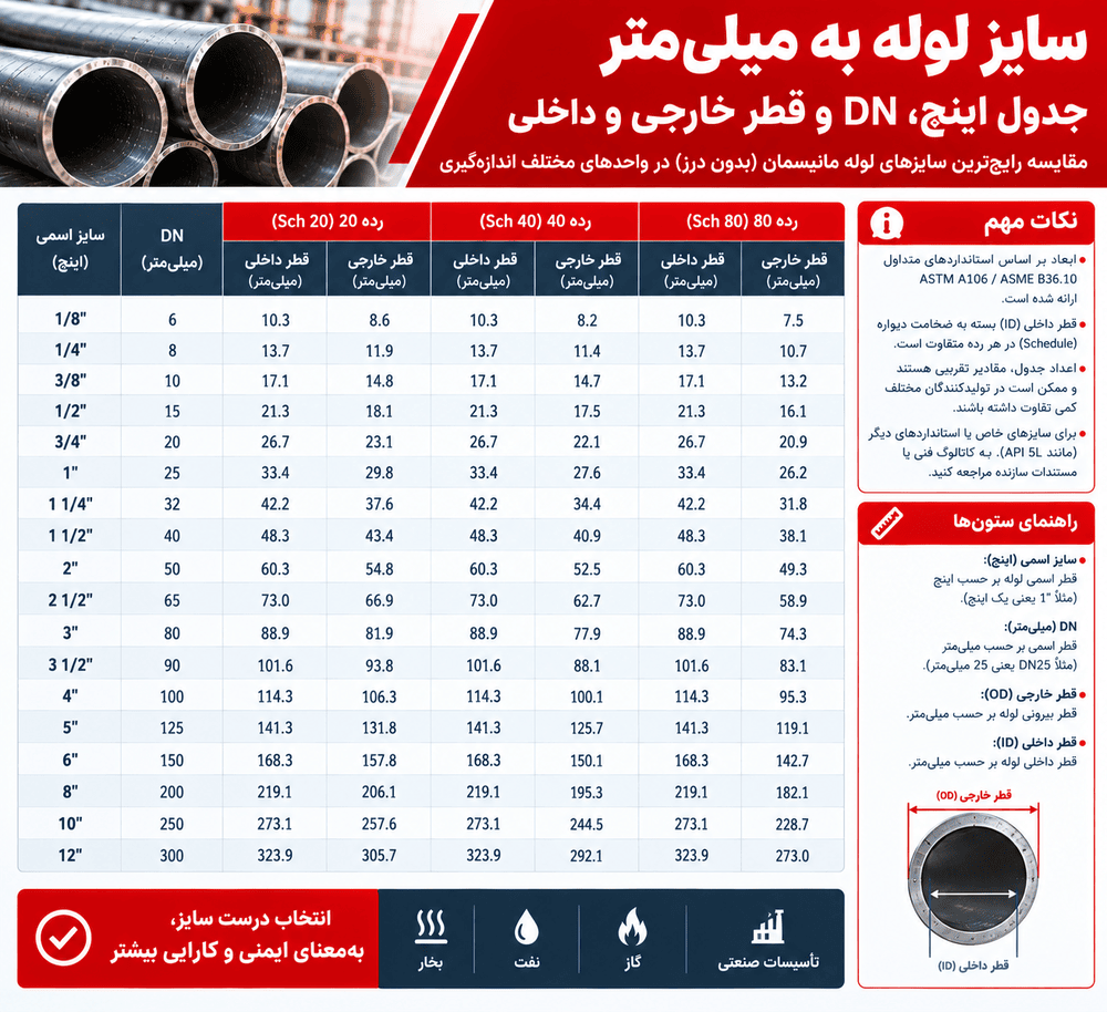 سایز لوله به میلی‌متر؛ جدول اینچ، DN و قطر خارجی و داخلی